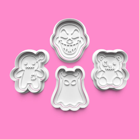 Little Nightmare Dolls Cookie Cutter Set – Creepy Clown, Haunted Teddy, Voodoo & Ghost Embossers