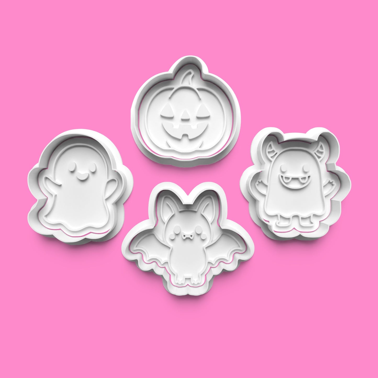 Cute Halloween Monsters Cookie Cutter & Embosser Set – Ghost, Pumpkin, Bat & Monster