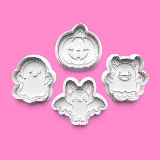 Cute Halloween Monsters Cookie Cutter & Embosser Set – Ghost, Pumpkin, Bat & Monster
