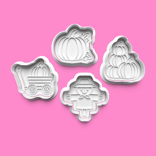 Pumpkin Patch Cookie Cutter & Embosser Set – 4-Piece Autumn & Scarecrow Collection