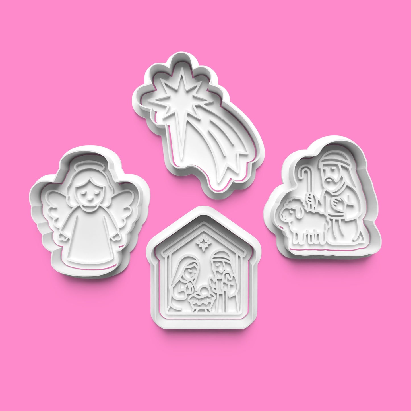 Nativity Scene Cookie Cutter Set – Angel, Star, Shepherd & Stable (4-Piece Christmas Embosser Set)