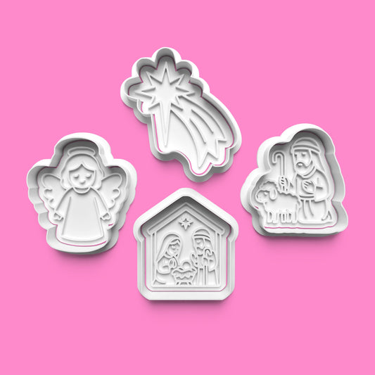 Nativity Scene Cookie Cutter Set – Angel, Star, Shepherd & Stable (4-Piece Christmas Embosser Set)