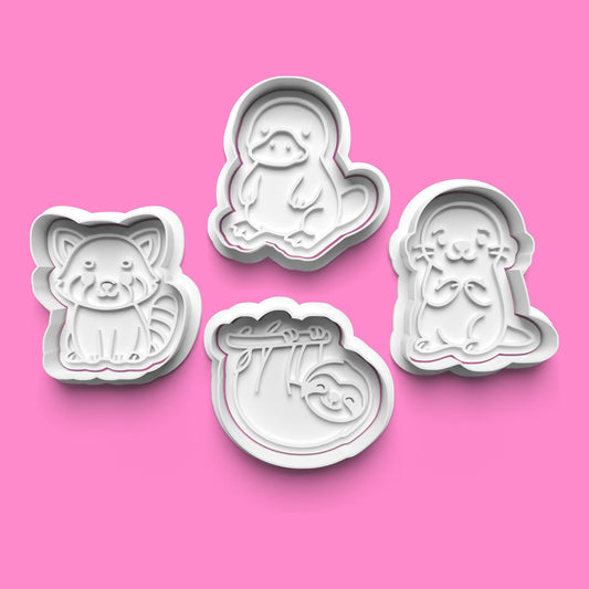 Adorable Animals Cookie Cutter & Embosser Set – Red Panda, Sloth, Platypus & Otter