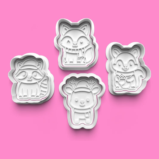 Woodland Christmas Animals Cookie Cutter & Embosser Set – Fox, Reindeer, Raccoon, Squirrel