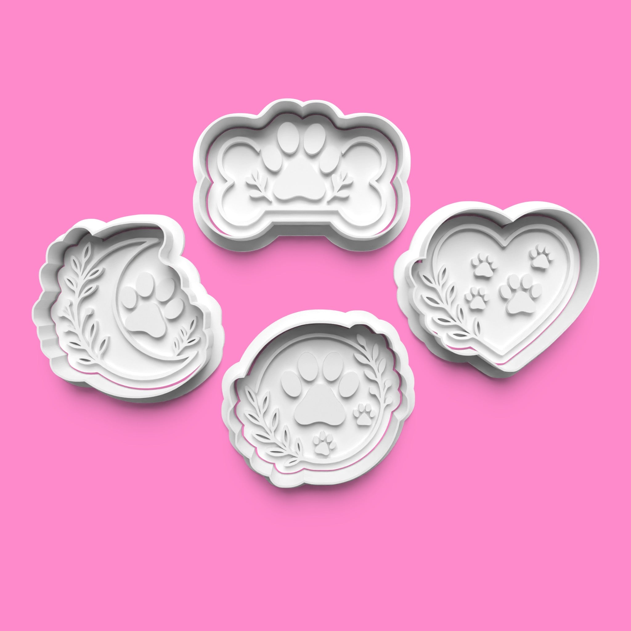 Botanical Paw Print Cookie Cutter Set | Floral Heart, Moon & Bone Designs | Multiple Sizes