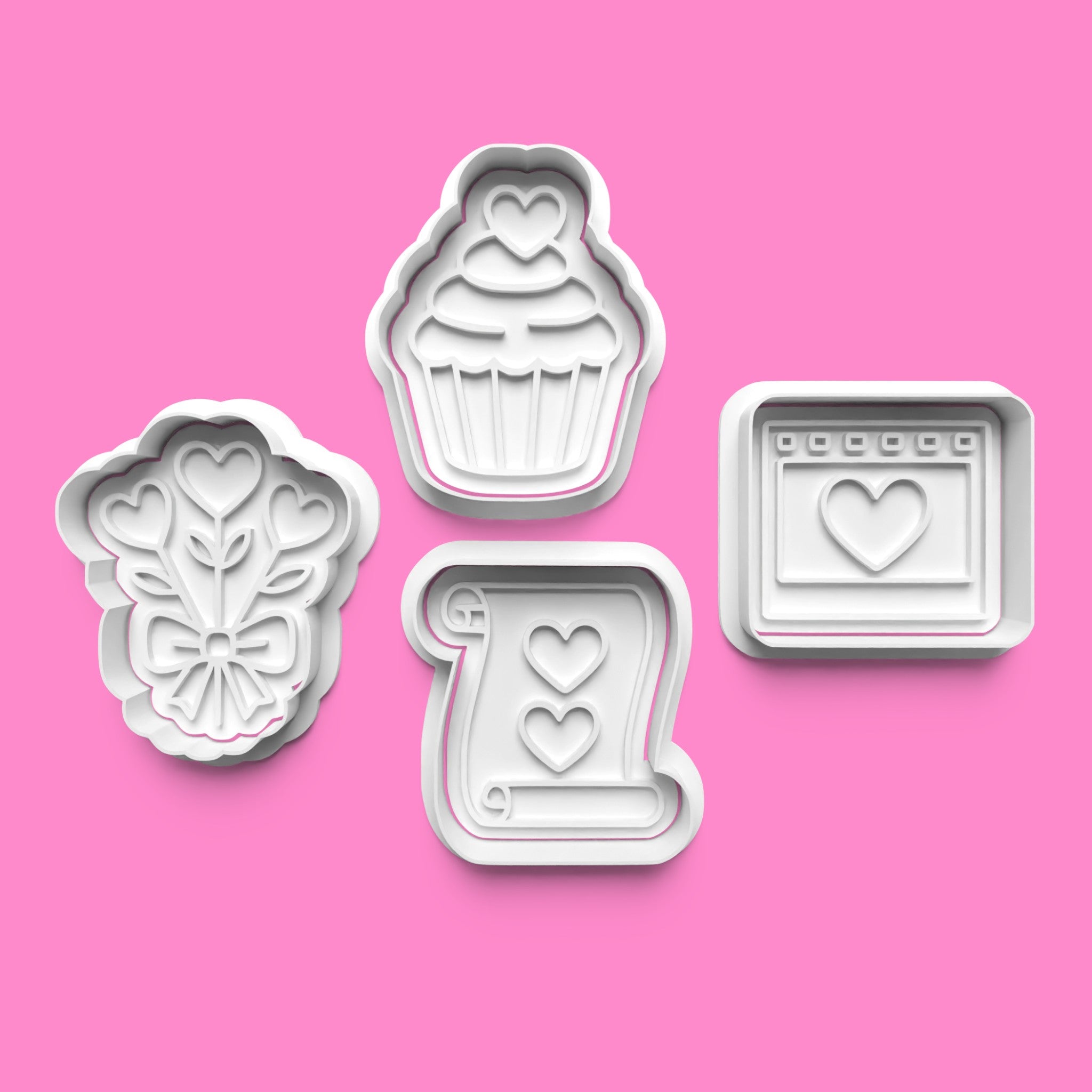 Romantic Baking Cookie Cutter Set - Bouquet, Cupcake, Scroll & Calendar 1050