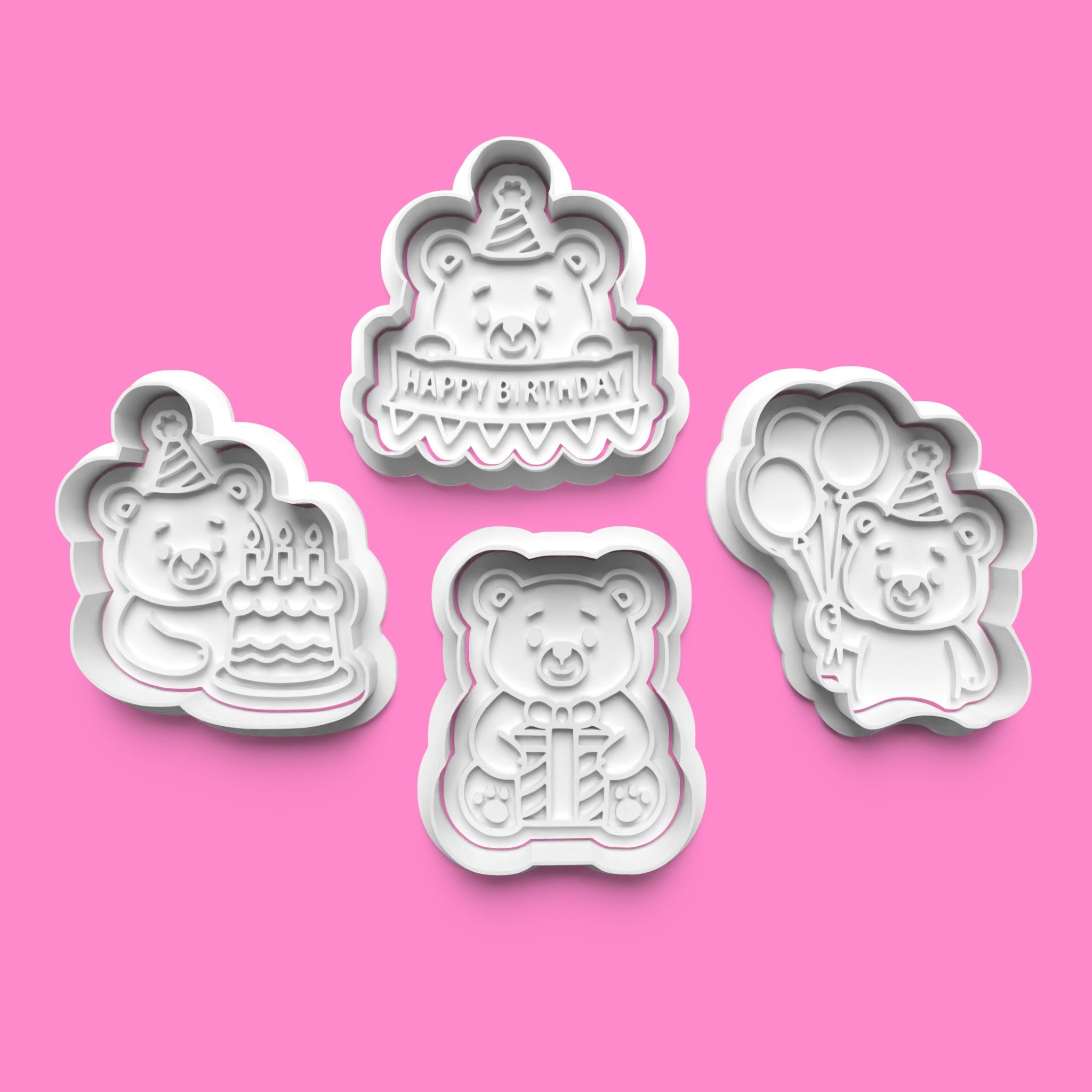 Birthday Bear Cookie Cutter Set - Party Hat, Balloons & Cake Designs - Multiple Sizes