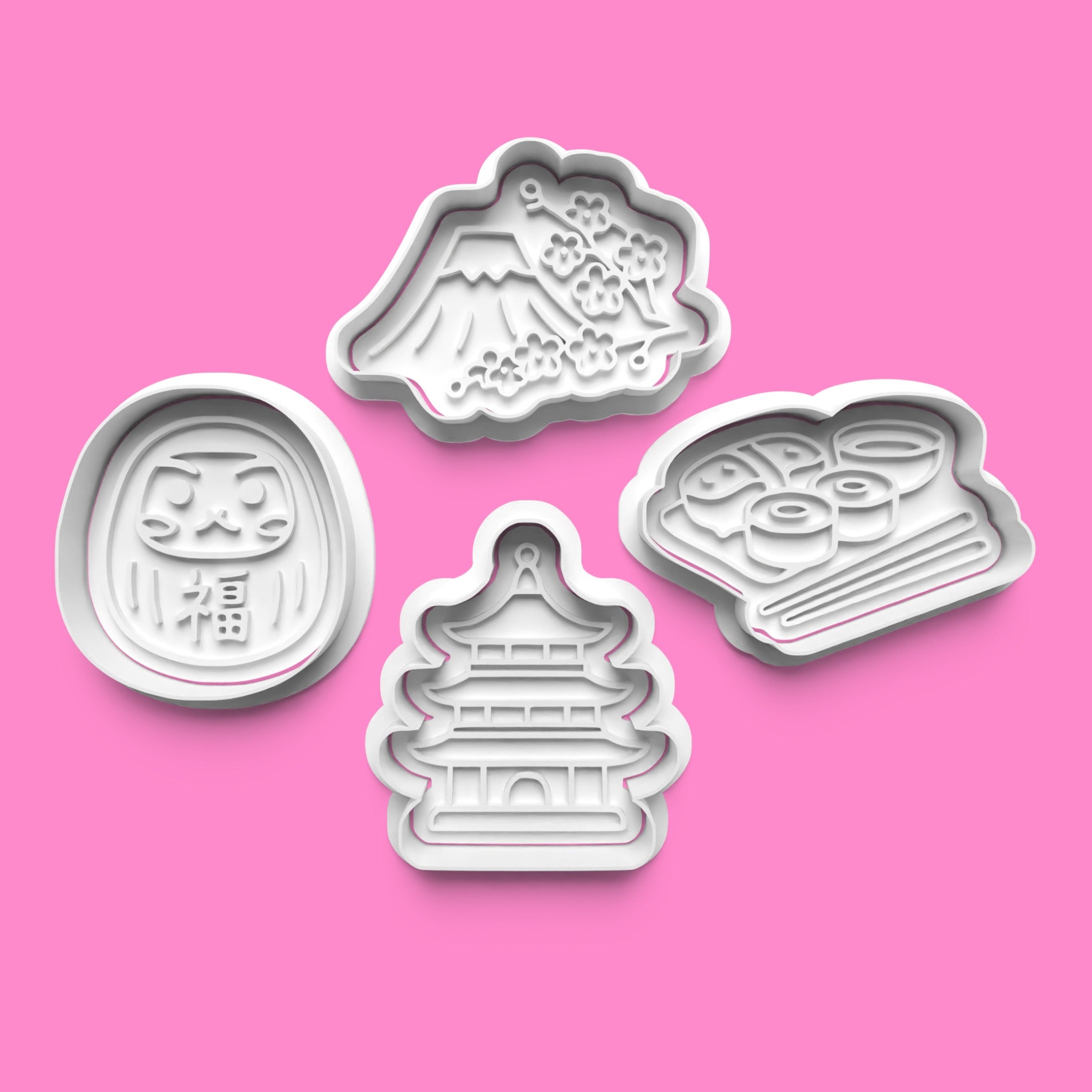 Japanese Culture Cookie Cutter Set - Daruma, Pagoda, Sushi & Mt Fuji - Multiple Sizes