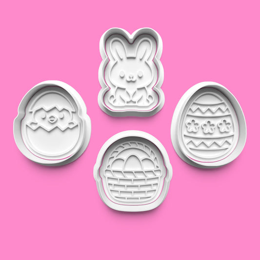 Easter Favorites Cookie Cutter Set | Sitting Bunny, Hatching Chick, Floral Egg & Basket Designs | Multiple Sizes