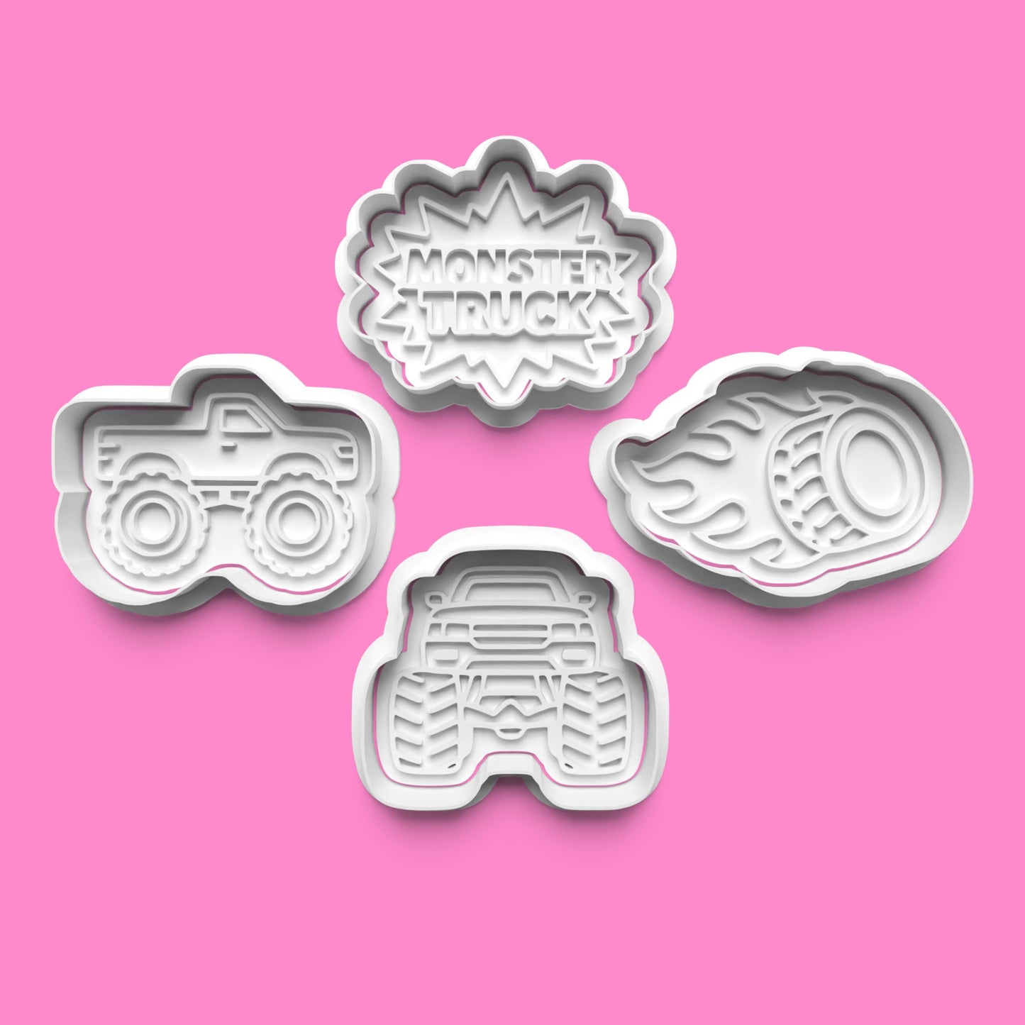 Monster Truck Stunt Cookie Cutter Set | Front, Side, Flaming Tire & Logo Designs | Multiple Sizes