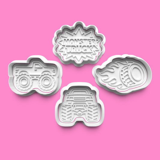 Monster Truck Stunt Cookie Cutter Set | Front, Side, Flaming Tire & Logo Designs | Multiple Sizes