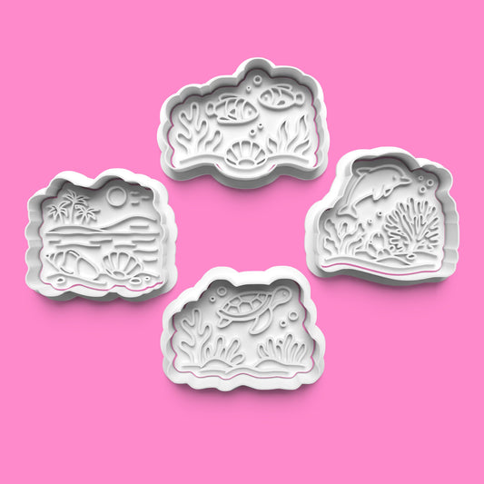 Coral Reef Cookie Cutter & Stamp Set | Tropical Beach, Sea Turtle, Dolphin & Coral Reef Designs | 7cm - 10cm