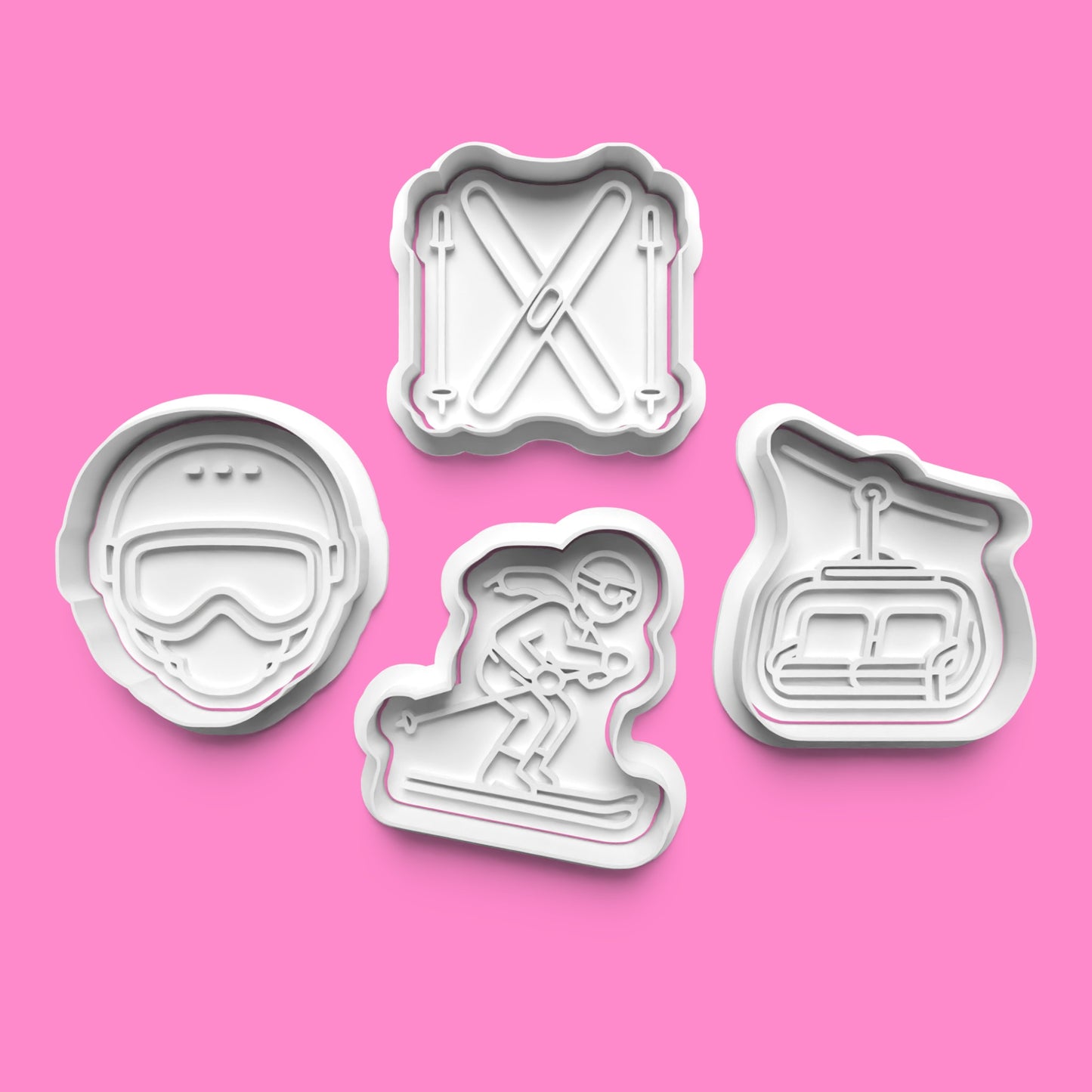 Winter Ski Resort Cookie Cutter & Stamp Set | Skier, Chairlift, Ski Goggles Helmet & Crossed Skis Designs | 7cm - 10cm