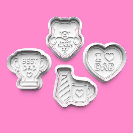 Father's Day Cookie Cutter & Stamp Set | Best Dad Trophy, Teddy Bear, Necktie & I Heart Dad Designs | 7cm - 10cm