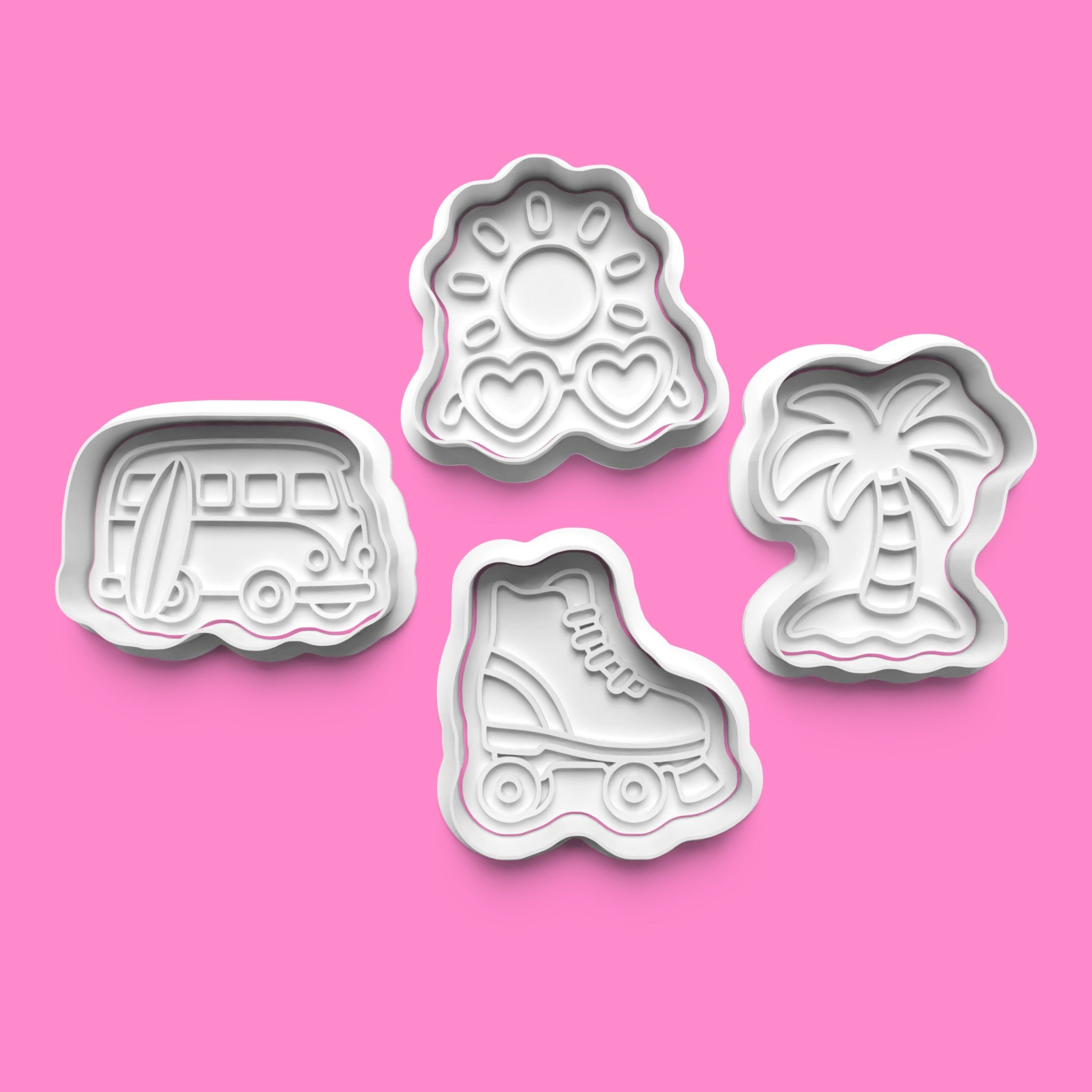 Summer Vibes Cookie Cutter & Embosser Set – Retro Beach Camper Set of 4 (3 Sizes)
