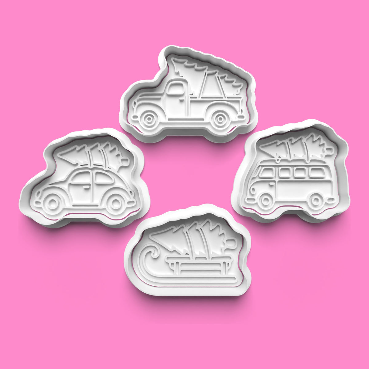 Driving Home for Christmas Cookie Cutter & Embosser Set – 4 Piece.