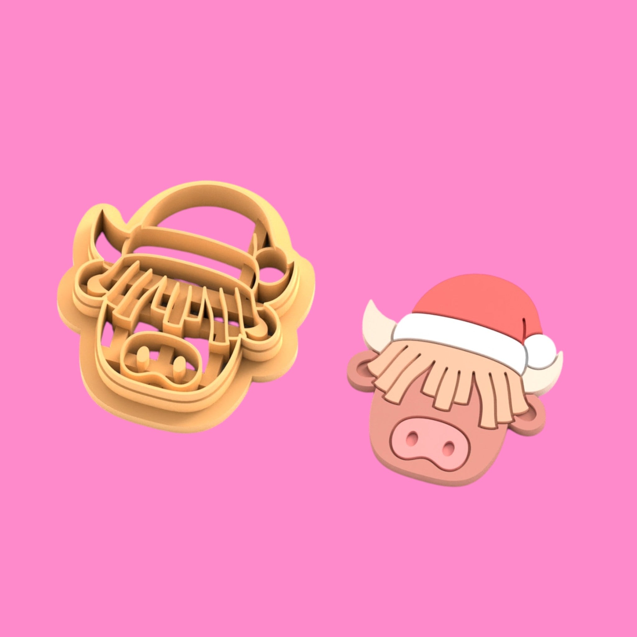 Christmas Highland Cow with Santa Hat Clay Cutter – Festive Polymer Clay & Cookie Tool