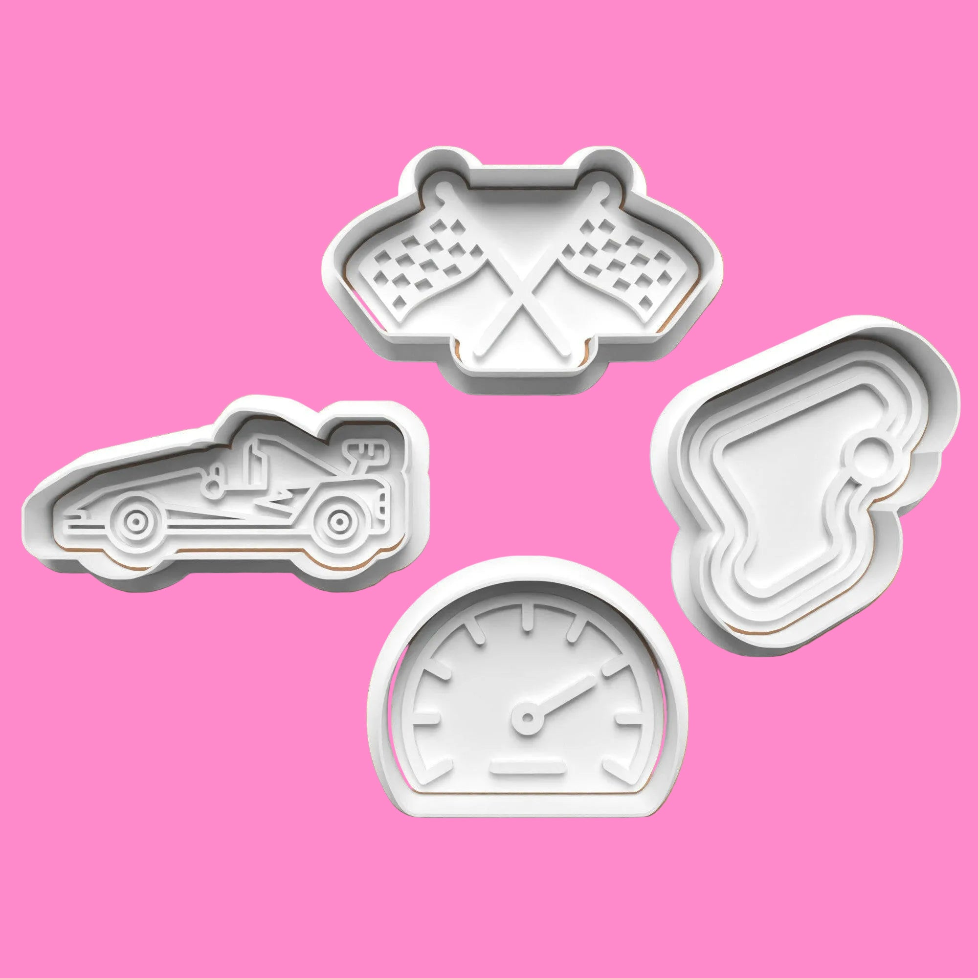 Race Car F1 Formula One Track Speedo Flag Cookie Cutter and Embosser Set.