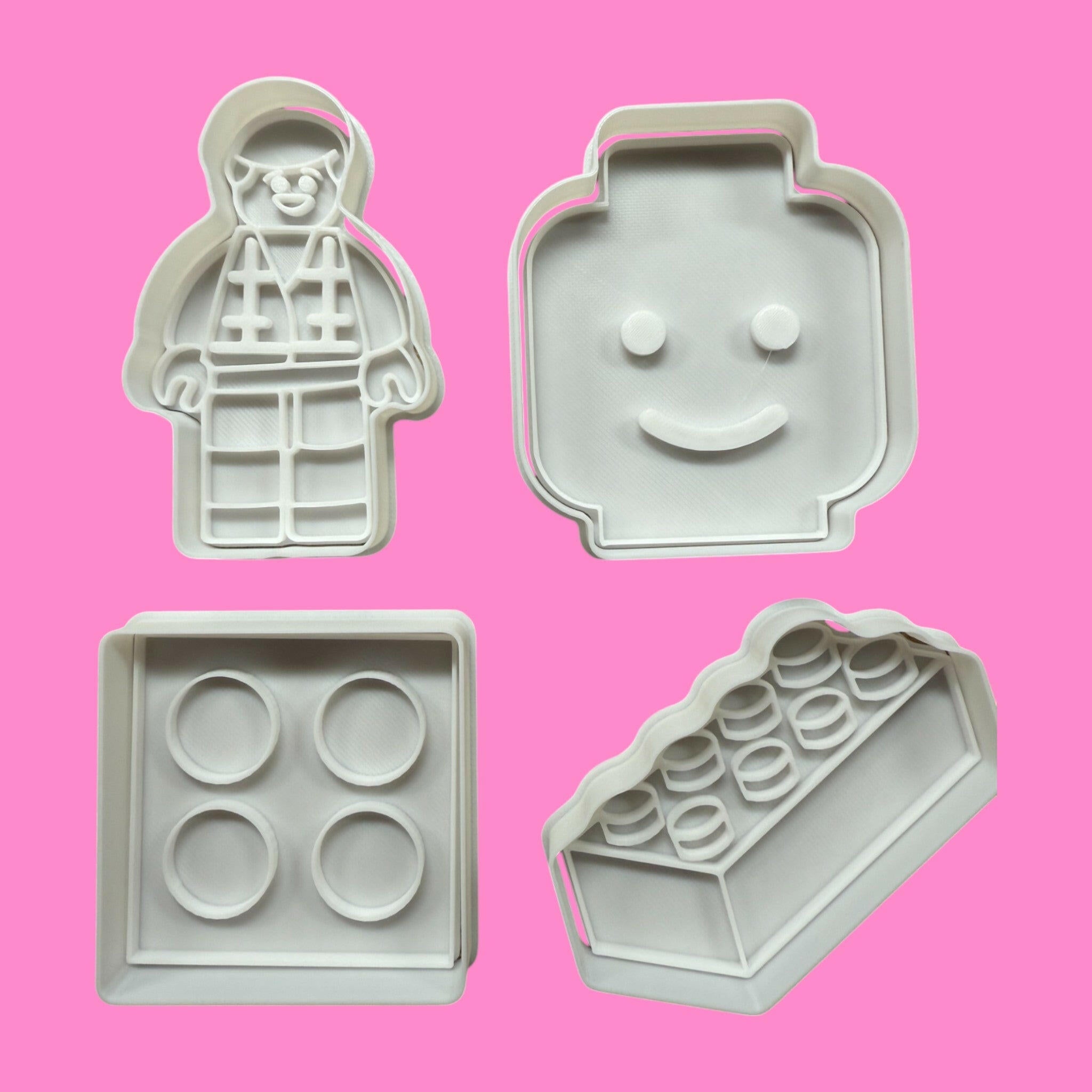 LEGO-Inspired Cookie Cutter Set – Brick, Minifigure, Face, and Square Block Designs.