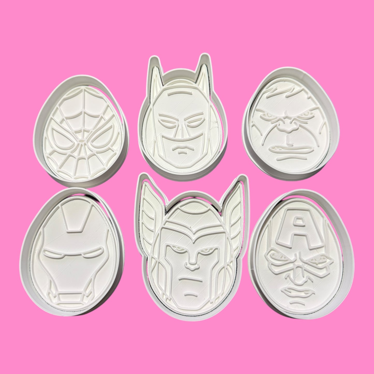 Superhero Egg Cookie Cutter Set - Spider, Bat, Hulk, Iron, Thor & Cap Designs