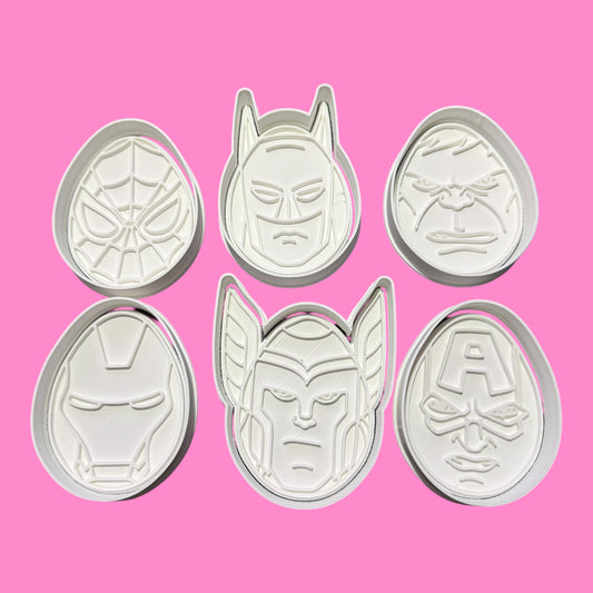 Superhero Egg Cookie Cutter Set - Spider, Bat, Hulk, Iron, Thor & Cap Designs
