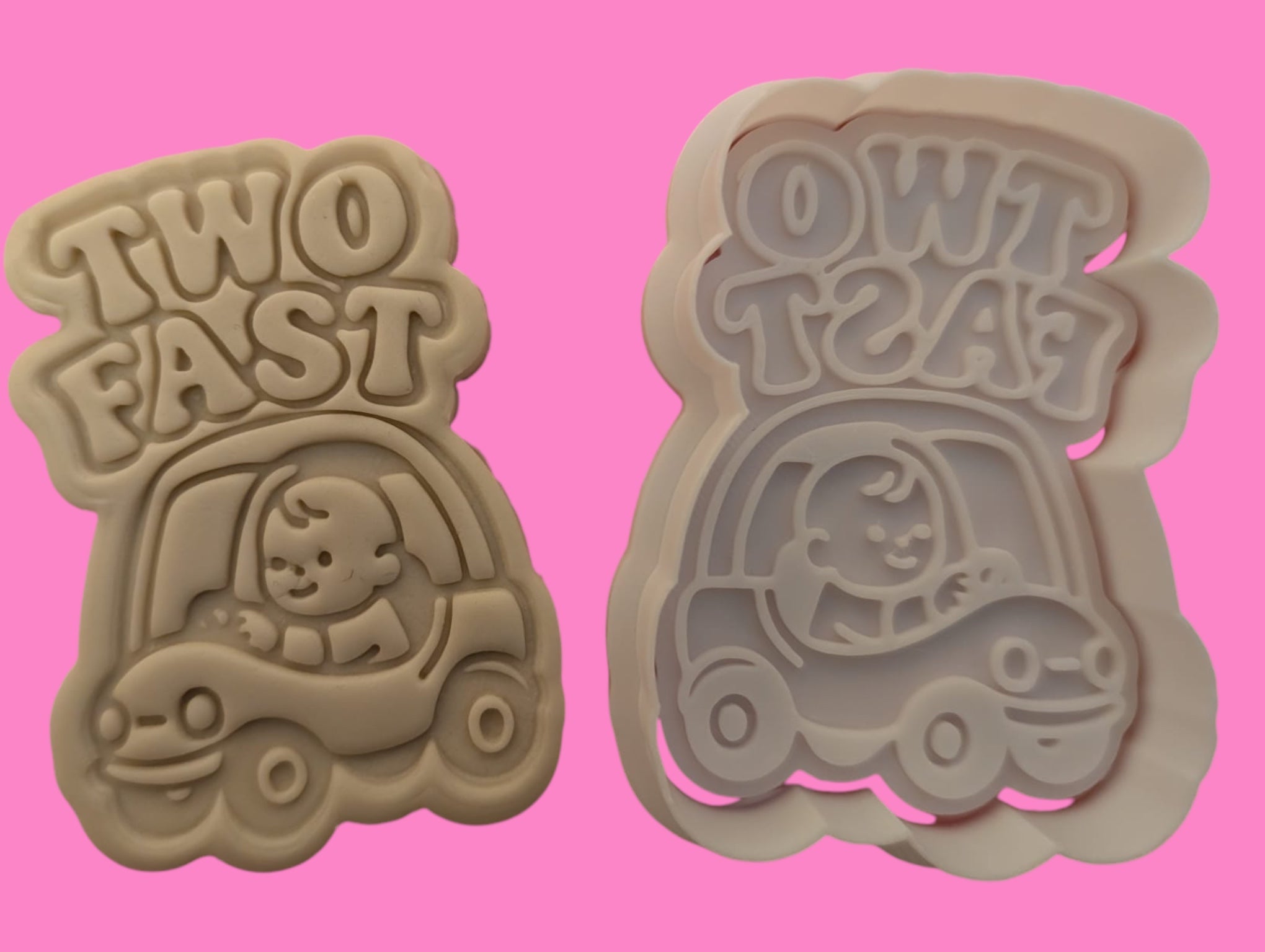 "Two Fast" Baby Stroller Car Cookie Cutter & Embosser – 2nd Birthday Design