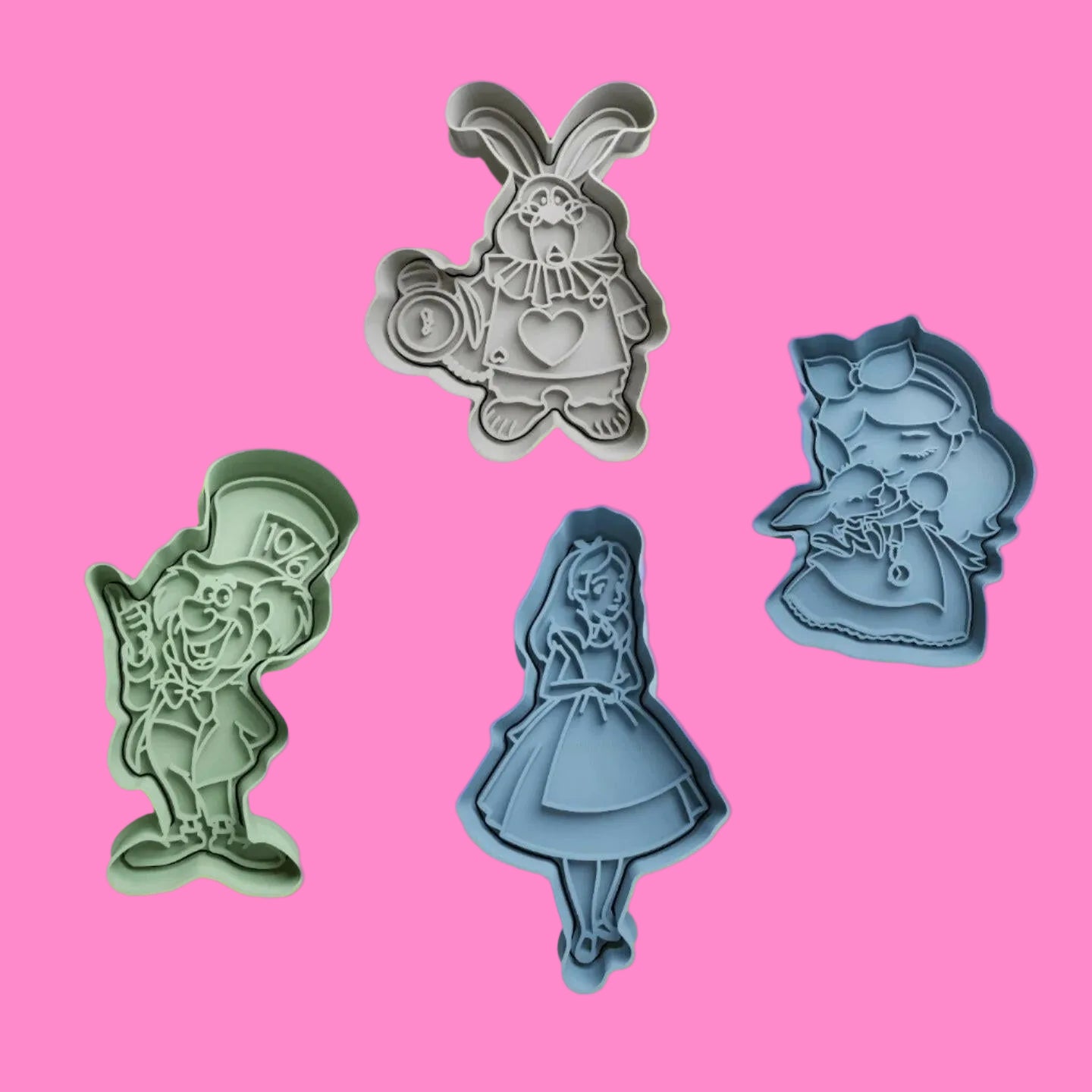 Alice in Wonderland Cookie Cutter and Embosser Set – Alice, Mad Hatter, White Rabbit Designs.