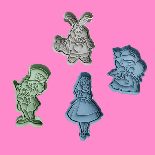 Alice in Wonderland Cookie Cutter and Embosser Set – Alice, Mad Hatter, White Rabbit Designs.