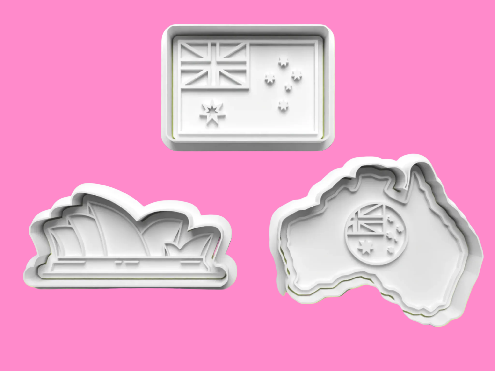Australia-Themed Embosser and Cookie Cutter Set – Map, Flag, Sydney Opera House Designs.
