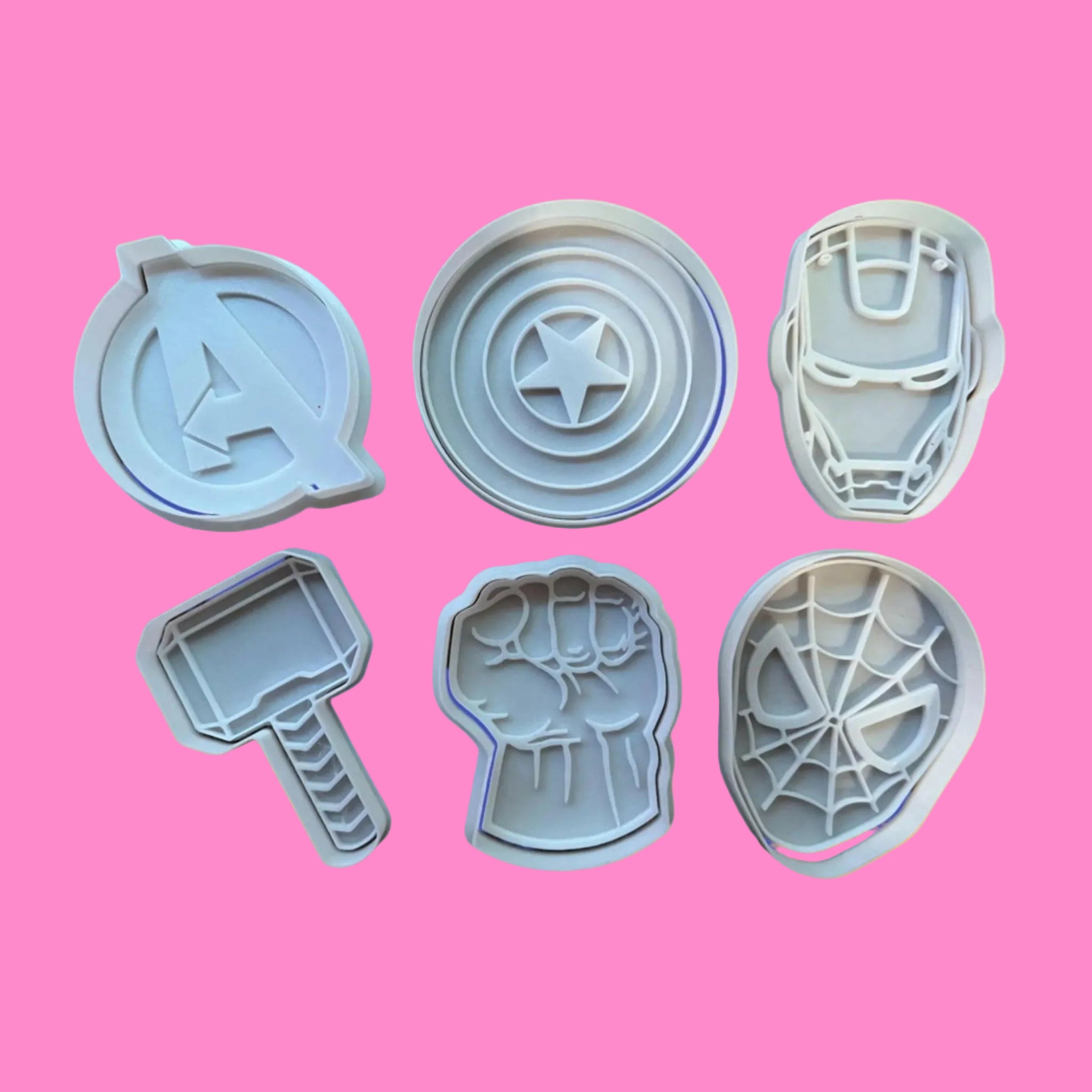 Avengers Cookie Cutter Set – Captain America, Iron Man, Thor, and Avengers Logo Designs.