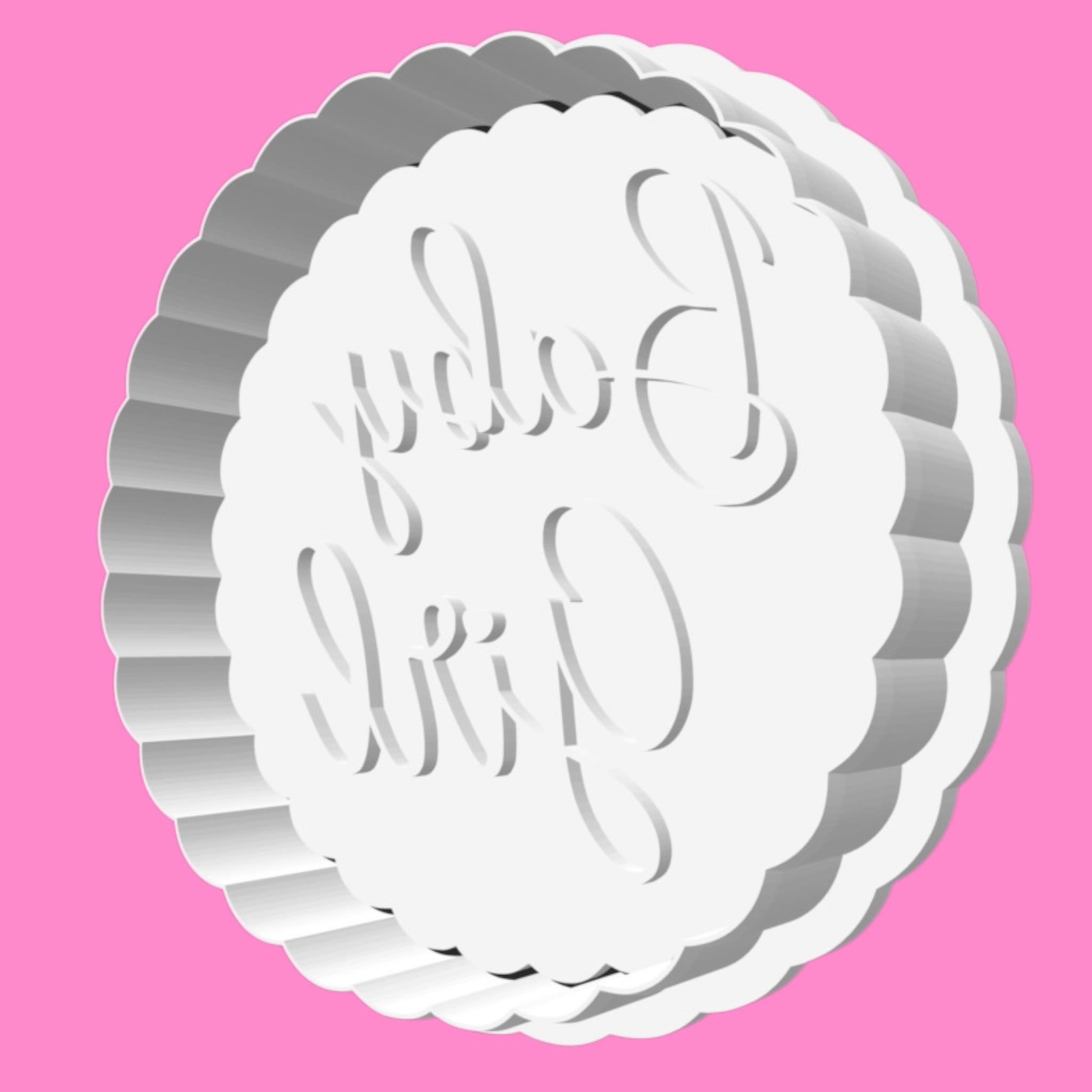 "Baby Girl" Elegant Script Cookie Cutter & Stamp | Scalloped Round Baby Shower Biscuit Cutter | 8cm (Emboss or Outboss)