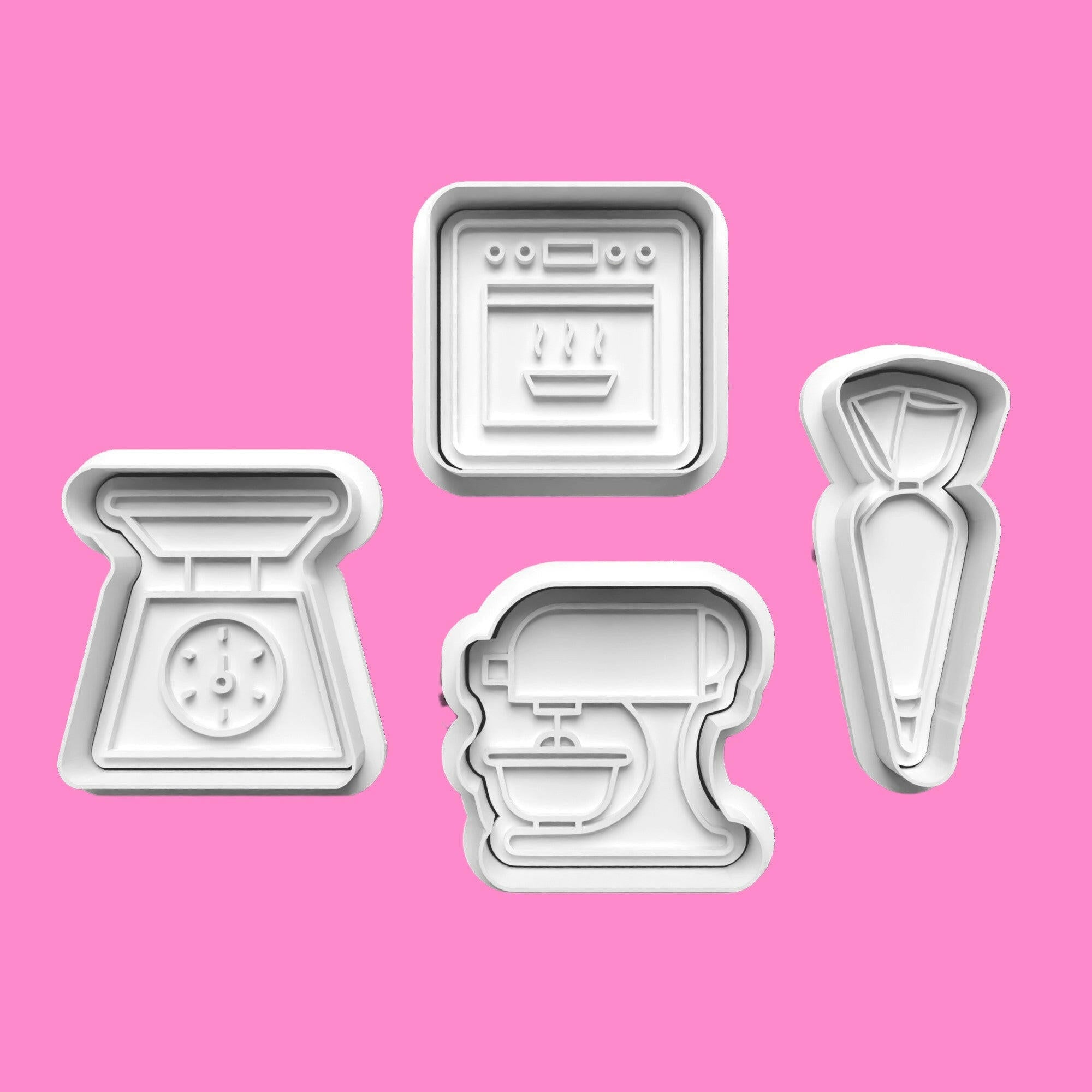 Baking Accessory-Themed Embosser and Cookie Cutter Set – Set of 4.