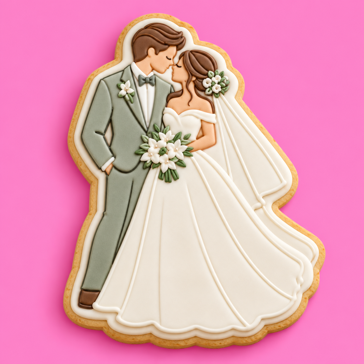 Decorated bride and groom wedding biscuit featuring a romantic kissing couple, elegant bridal gown, floral bouquet and groom's suit, made using an Emboss & Impress cookie cutter and embosser.
