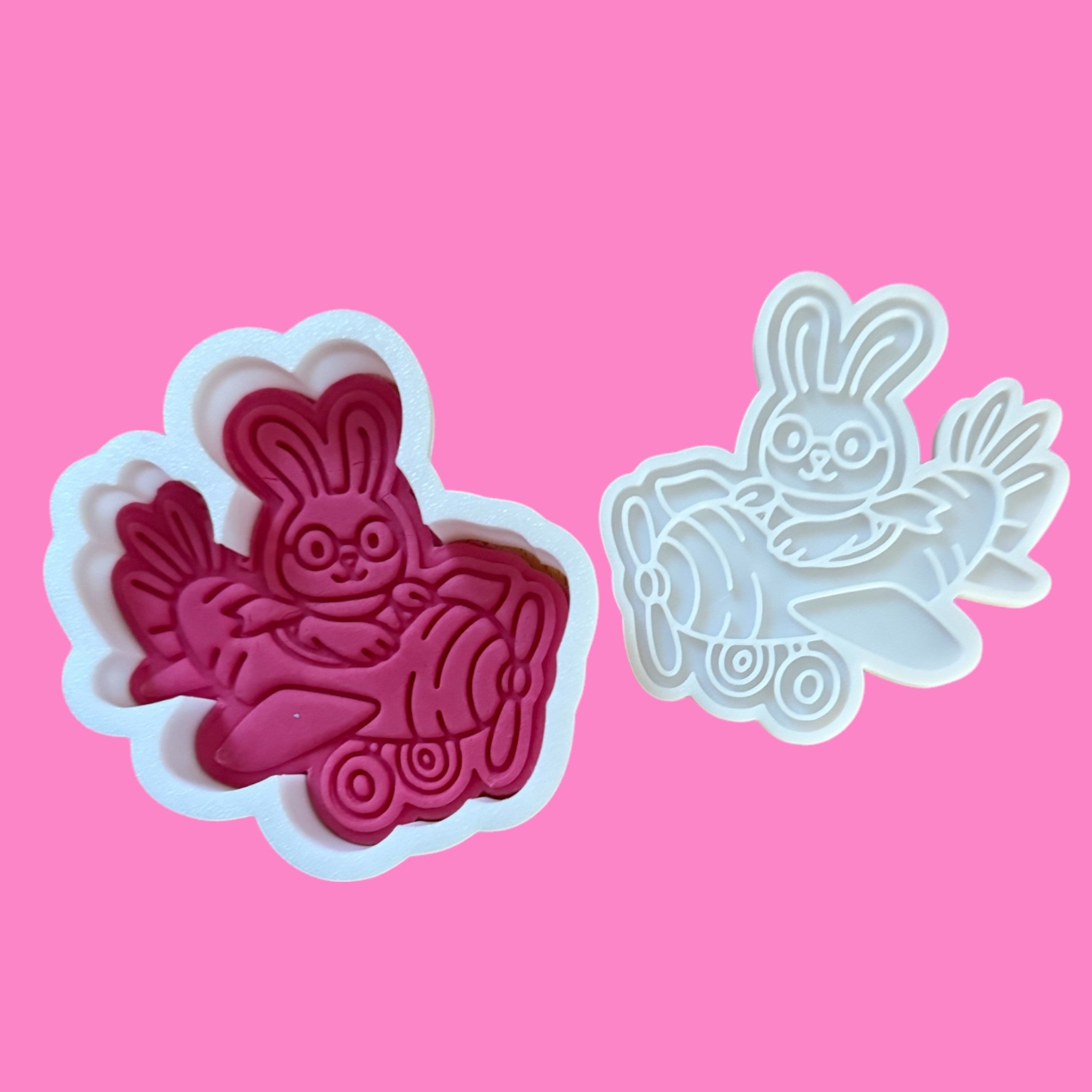 Bunny in Carrot Plane Cookie Cutter & Embosser – Whimsical Easter Baking Design