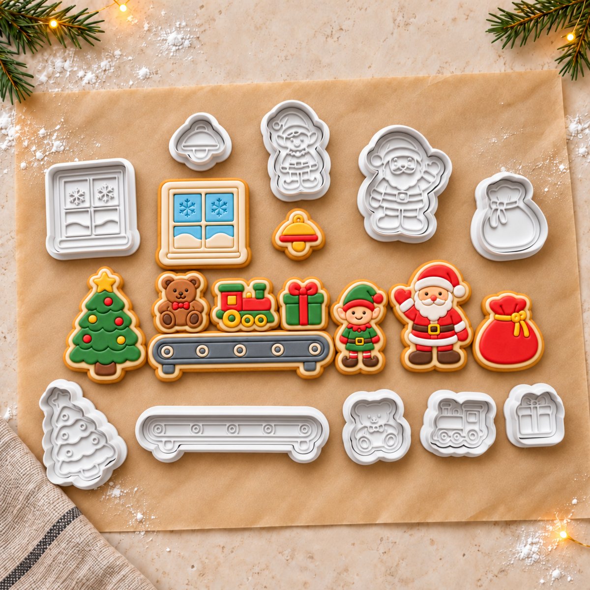Christmas cookie cutters with Santa, an elf and decorated workshop biscuits