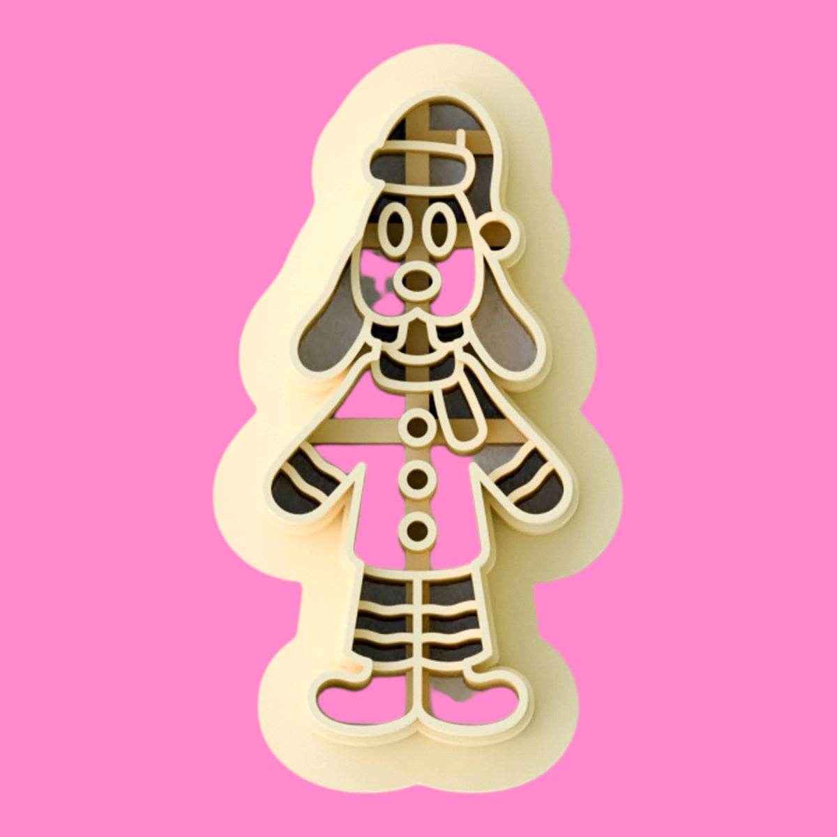 Christmas gingerbread dog polymer clay cutter with floppy ears, festive hat, scarf, buttons and striped boots, available in five sizes.