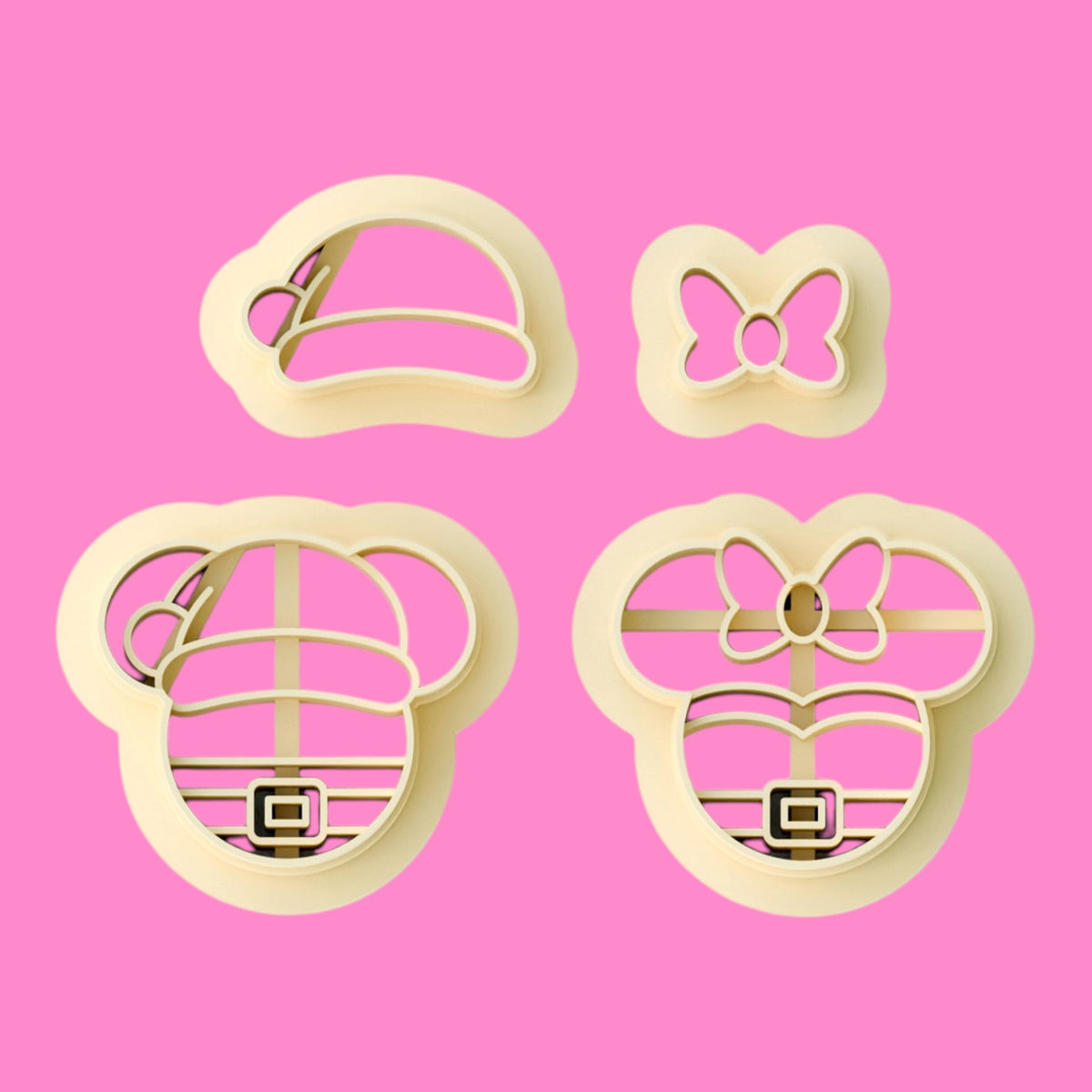 Four-piece Christmas mouse clay cutter set featuring festive mouse-ear shapes, Santa hat and bow in cream PLA.