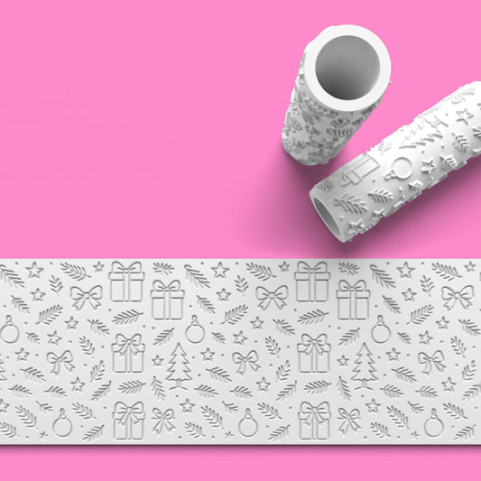 Decorative embossing rolling tool with embossed patterns on a pink background