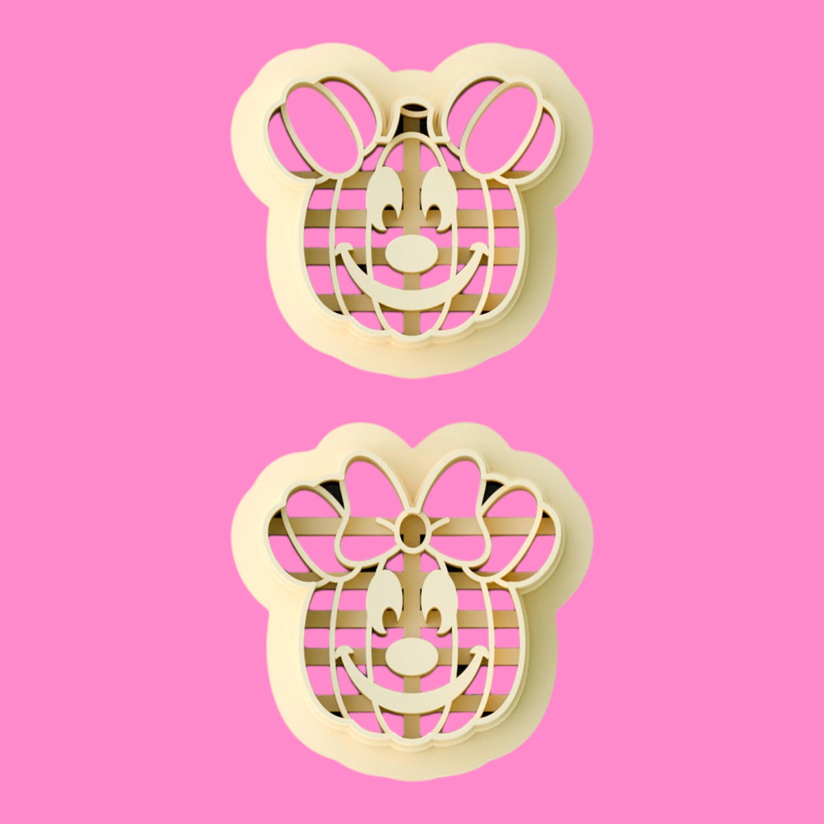 Two-part mouse pumpkin clay cutter designs featuring a smiling mouse pumpkin and bow pumpkin, available in six sizes from 20mm to 45mm.