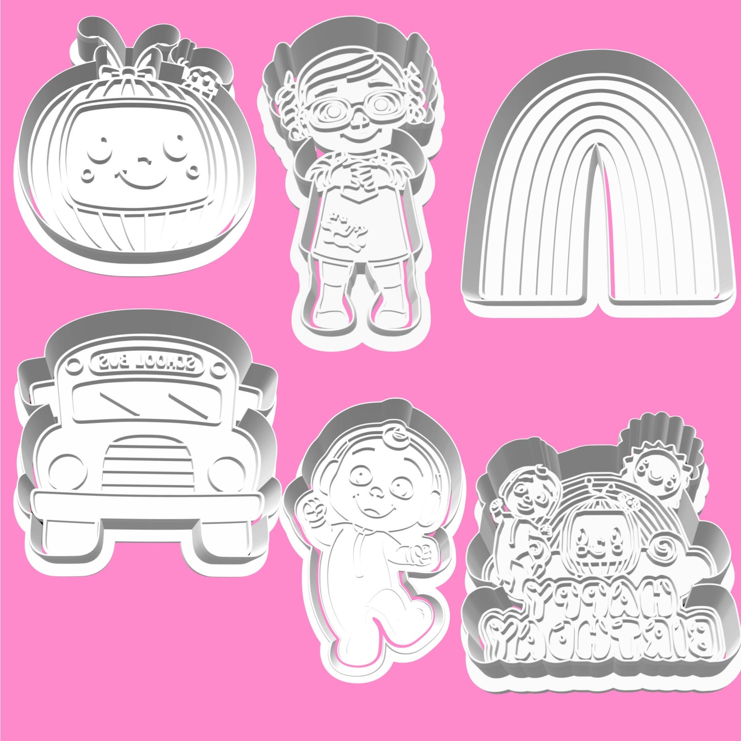Cocomelon-Inspired Cookie Cutter Set - JJ, School Bus, & Rainbow Designs