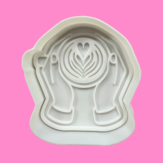 Hands Holding Coffee Cup Cookie Cutter & Embosser – Heart Latte Art Design