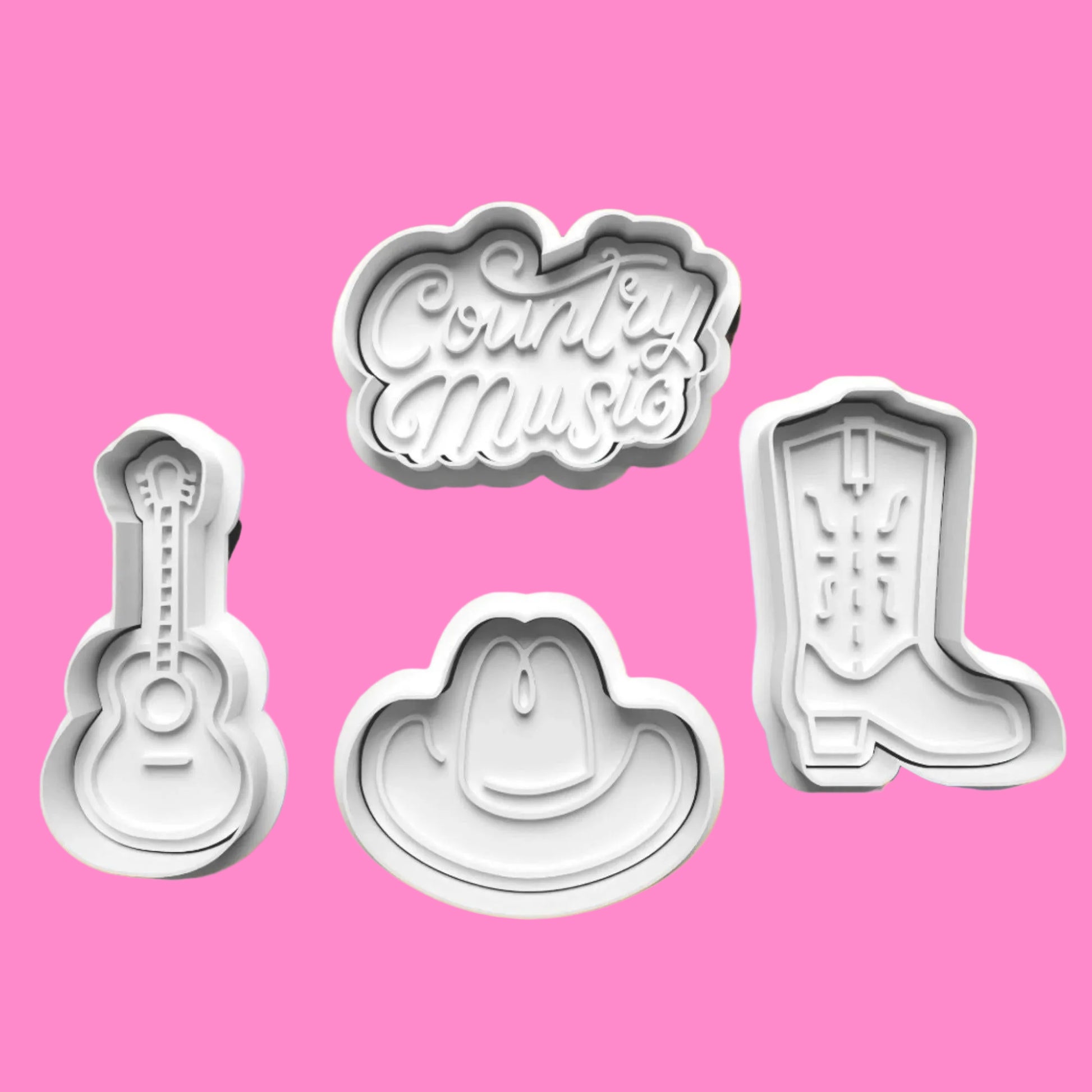 Country and Western-Themed Cookie Cutter Set – Cowboy Hat, Boot, Guitar, and Font Embosser.