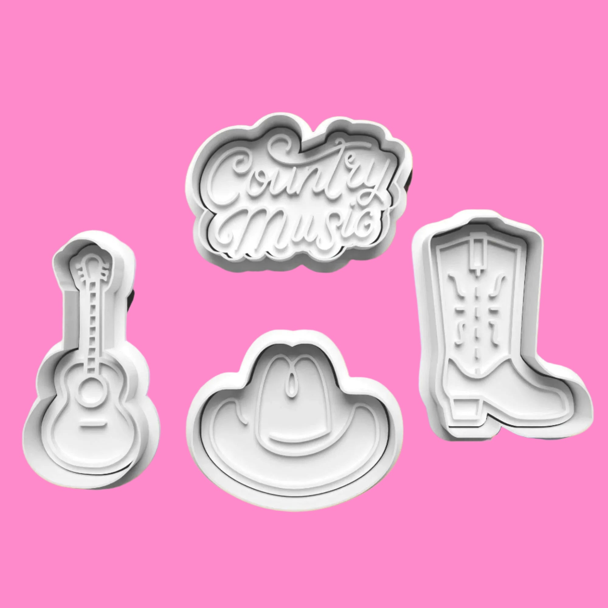 Country and Western-Themed Cookie Cutter Set – Cowboy Hat, Boot, Guitar, and Font Embosser.