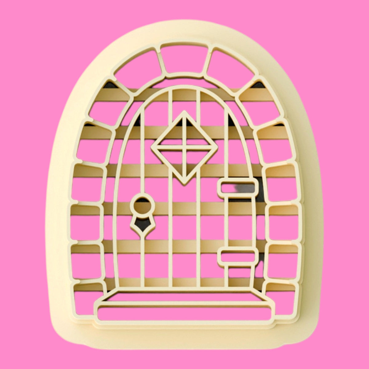 Arched fairy door polymer clay cutter with stone surround, diamond window, keyhole and hinges, available in 25mm to 45mm.
