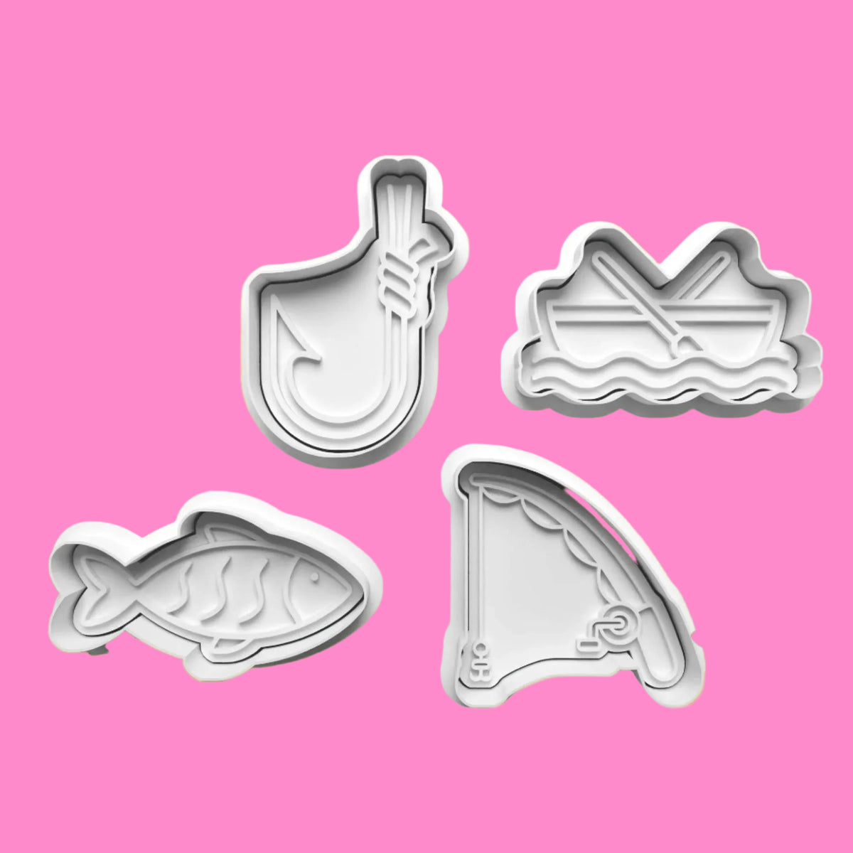 Fishing Cookie Cutter and Embosser Stamp Set in 7cm or 10cm sizes..