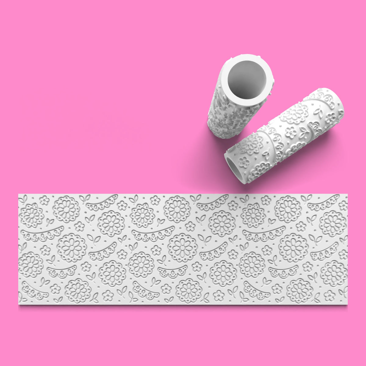 White 100mm floral lace emboss textured roller with raised decorative flowers, scalloped lace and leaves, shown with a flat pattern preview.