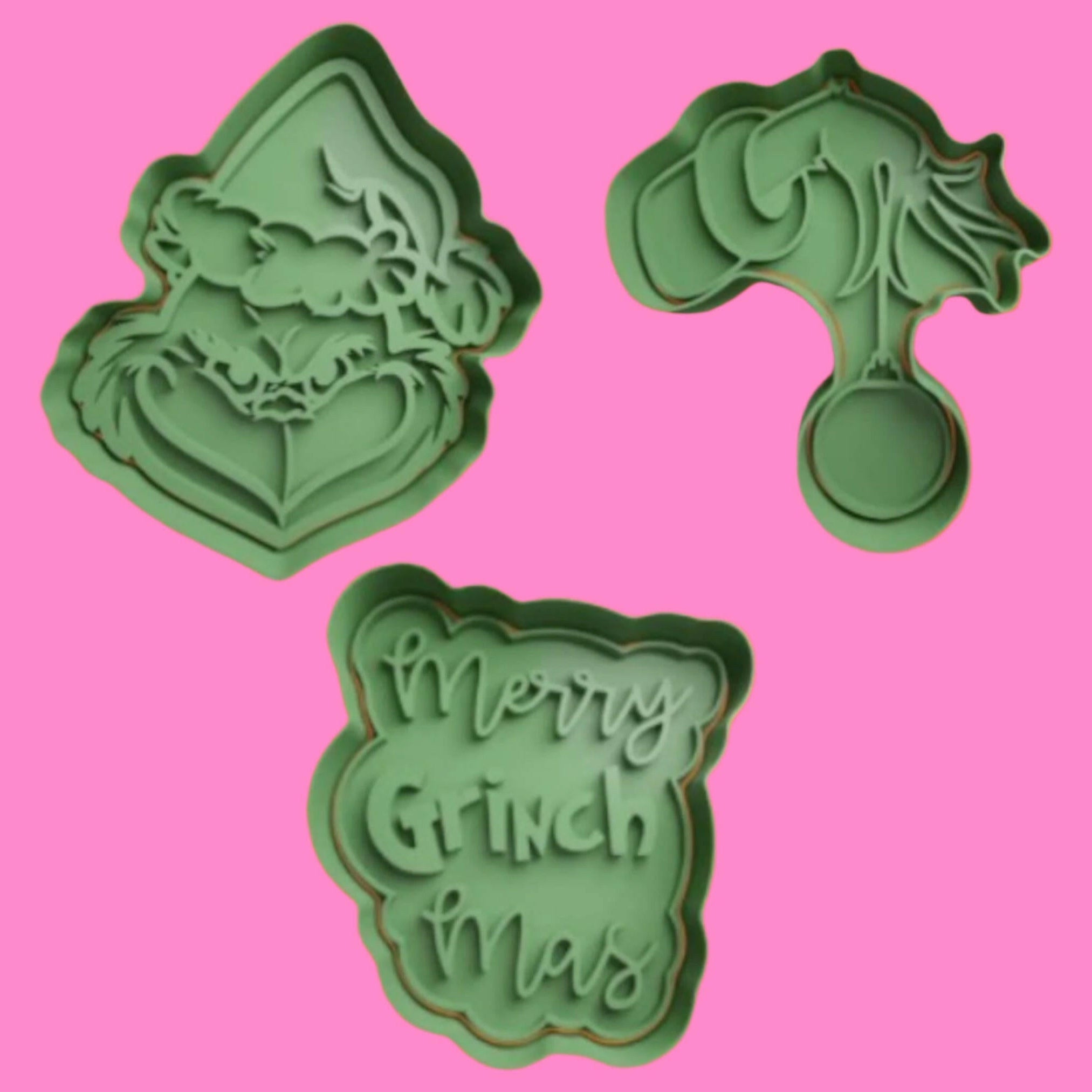 Merry Grinch Mas Cookie Cutter and Embosser Stamp Complete Set.