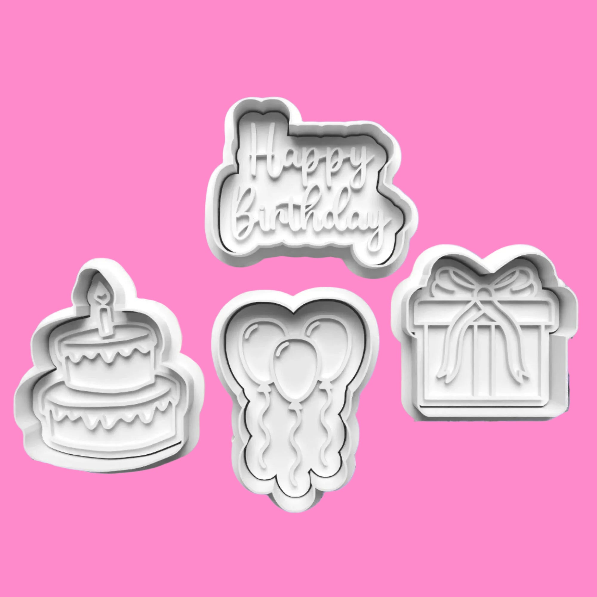 Happy Birthday Cookie Cutter and Embosser Set of 4 in 7cm or 10cm sizes..