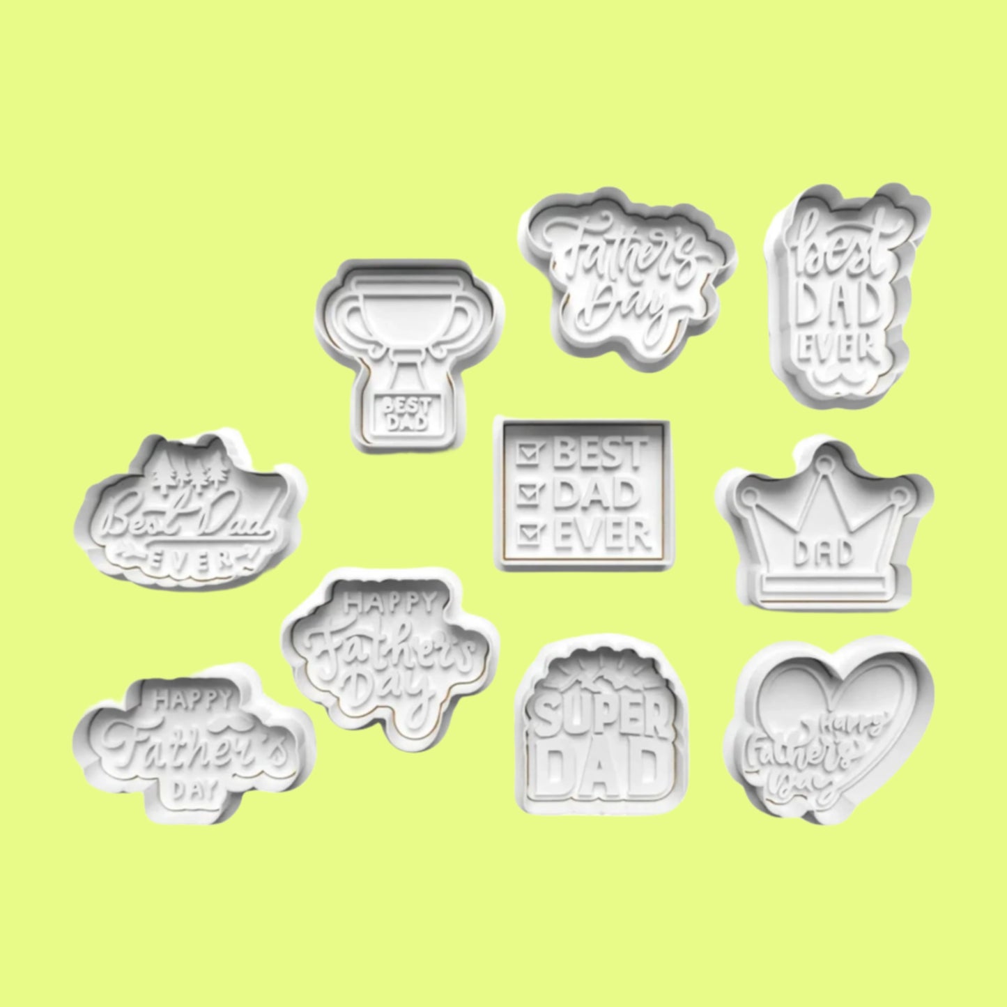 "Celebrate Father's Day with our handmade embosser and cookie cutter set, featuring 10 unique designs. Measures 8 cm.