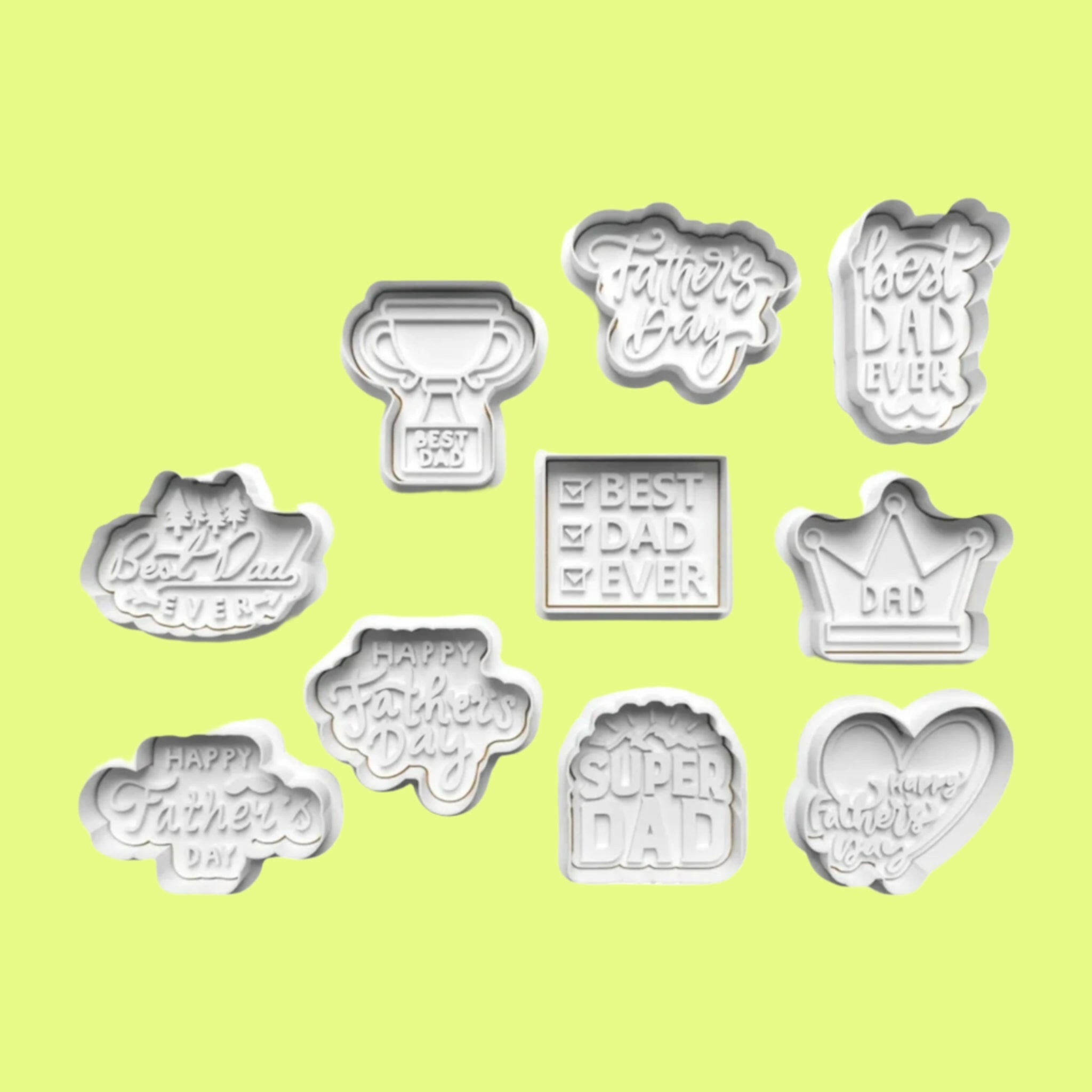 "Celebrate Father's Day with our handmade embosser and cookie cutter set, featuring 10 unique designs. Measures 8 cm..